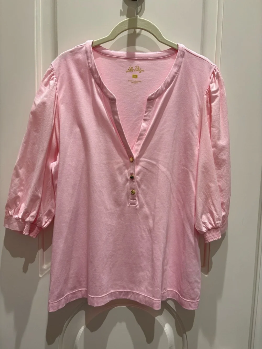 Lilly Pulitzer Light Pink Puff Sleeve Henley - Picture 1 of 4